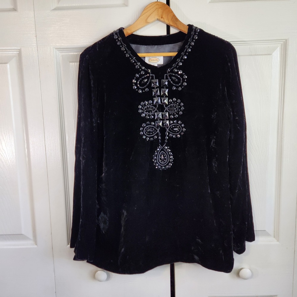 Vintage Talbots Black‎ Crushed Beaded Top Size 10 Office Silk Whimsigoth Neutral